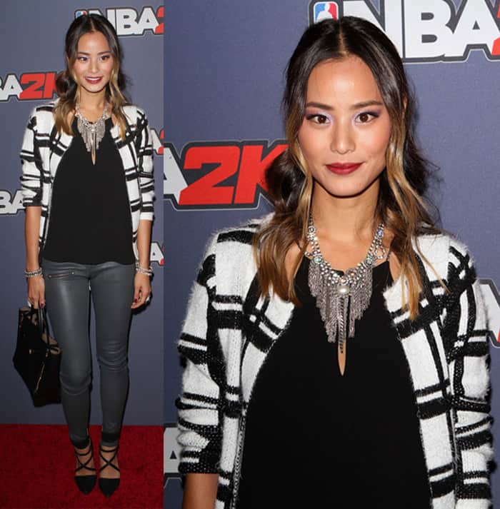 Jamie Chung in grey leather pants and checkered jacket, September 23, 2014