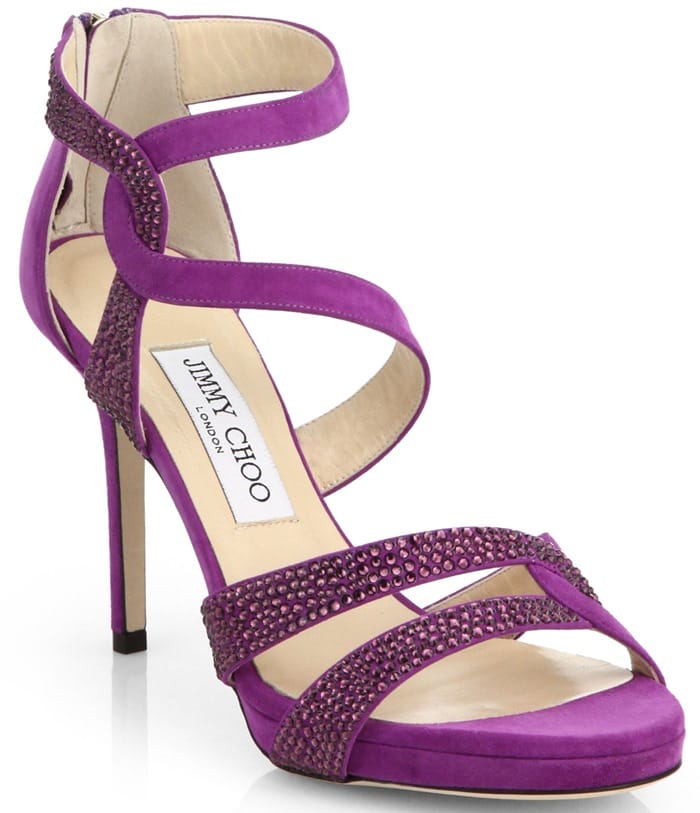 Jimmy Choo "Tomar" Crystal-Coated Suede Sandals in Purple