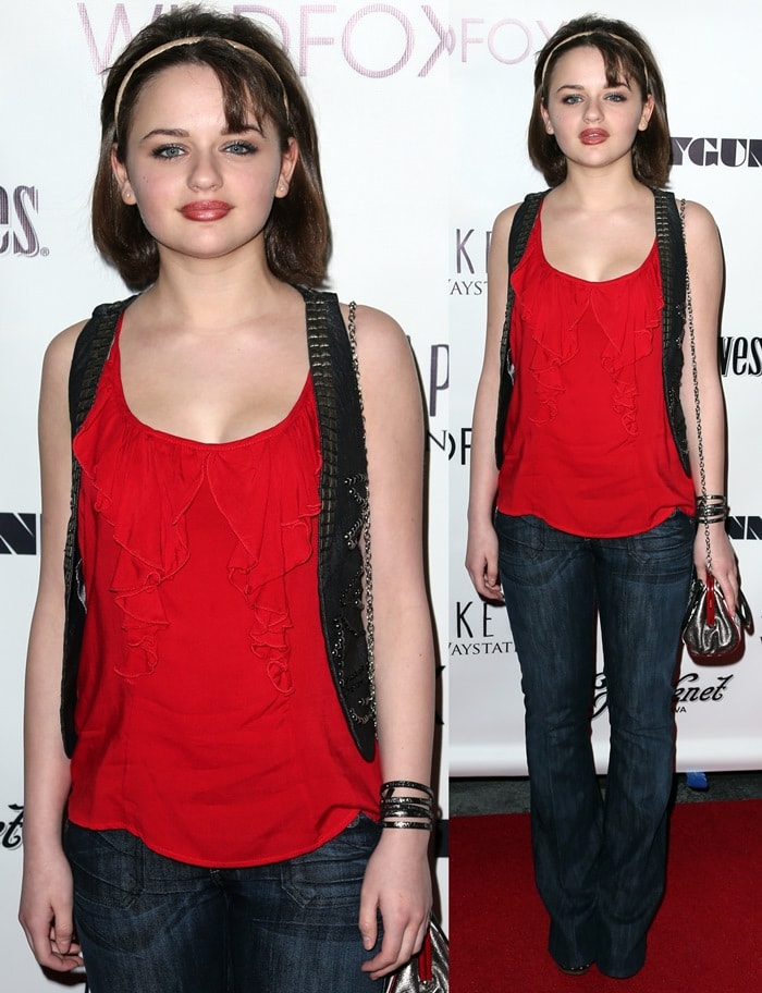 Joey King kept it casual at the Wayke Up fundraiser in flared jeans, a sleeveless red ruffle top, and a black studded vest, finishing her youthful look with understated shoes hidden beneath the denim hem