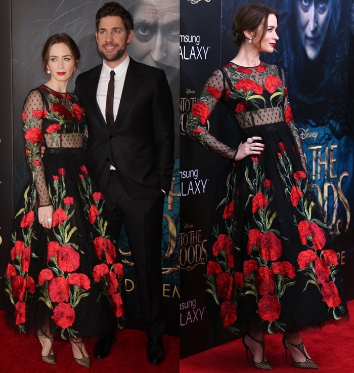 Emily Blunt donned a rose-embroidered dress from Dolce Gabbana