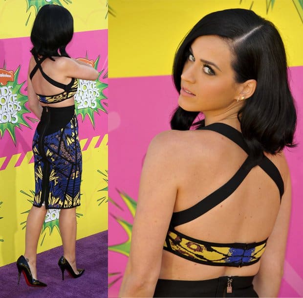 Katy Perry wore a bold yet retro-chic Hervé Léger by Max Azria Pre-Fall 2013 ensemble featuring a haltered criss-cross top and high-waisted skirt