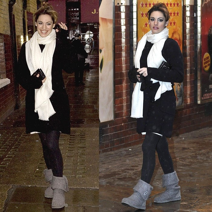 Kelly Brook masters texture play with a knit scarf, dress, and cozy UGG "Cardy" boots while arriving for Calendar Girls at the Noel Coward Theatre in London on January 6, 2010