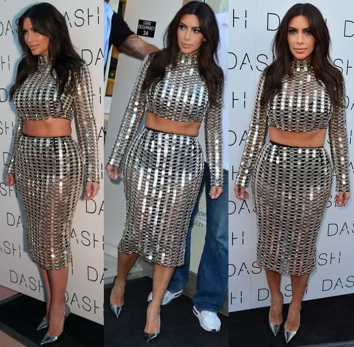 Kim Kardashian showcases a striking metallic Wes Gordon skirt and crop top, completed with sharp Jimmy Choo Anouk metallic leather pumps