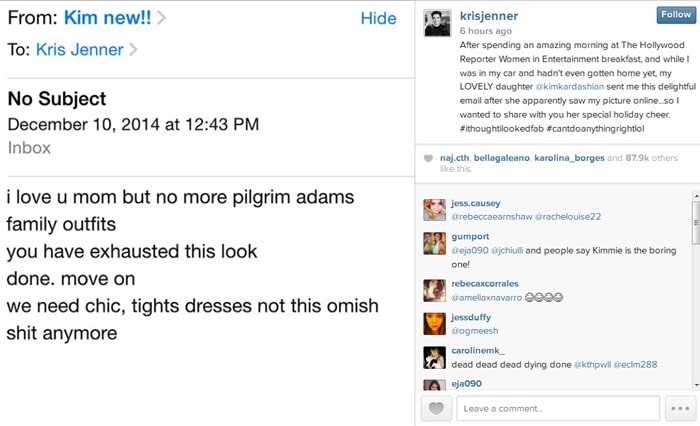 Kris Jenner shared an email that she received from her daughter earlier in the week