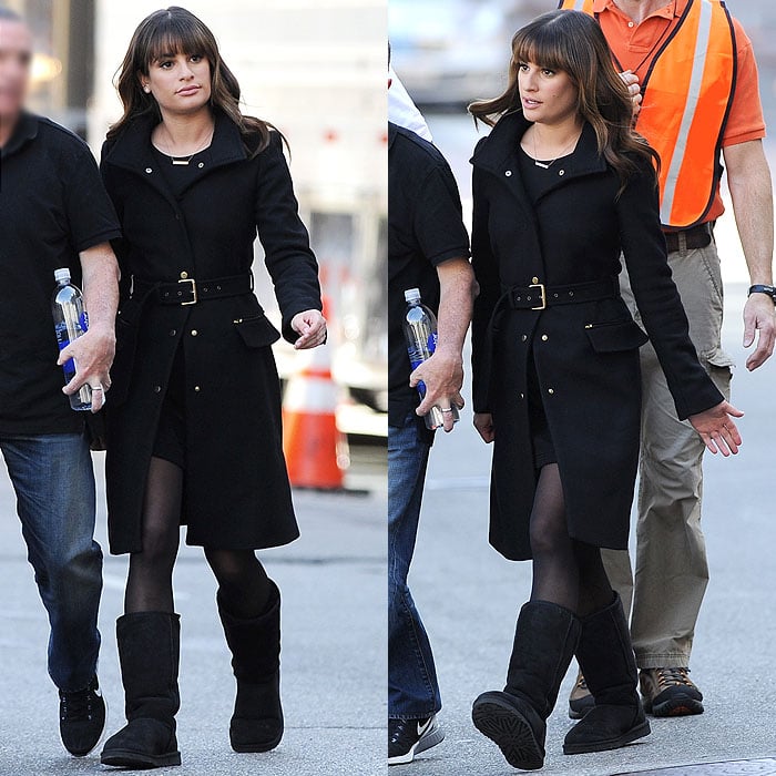 Lea Michele adds polish to her look with a tailored belted coat and Ugg boots while filming Glee in downtown Los Angeles on November 17, 2014