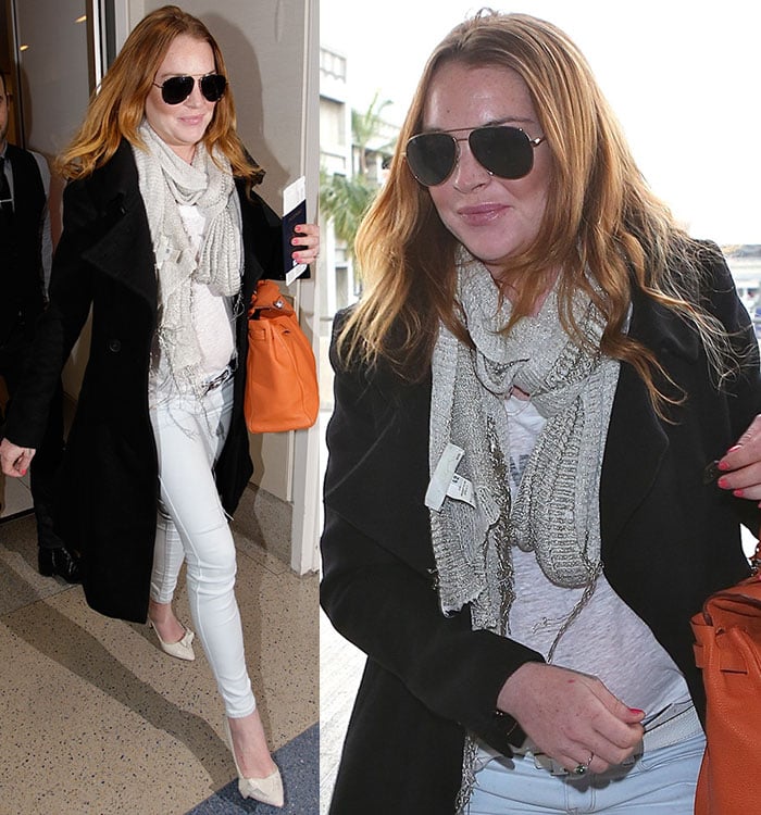 Lindsay Lohan keeps airport style chic in a black coat layered over a white tee and metallic scarf, paired with Genetic Stem skinny jeans, beige Isabel Marant Poppy Elite suede pumps, and an Hermès Kelly bag for a polished pop of color