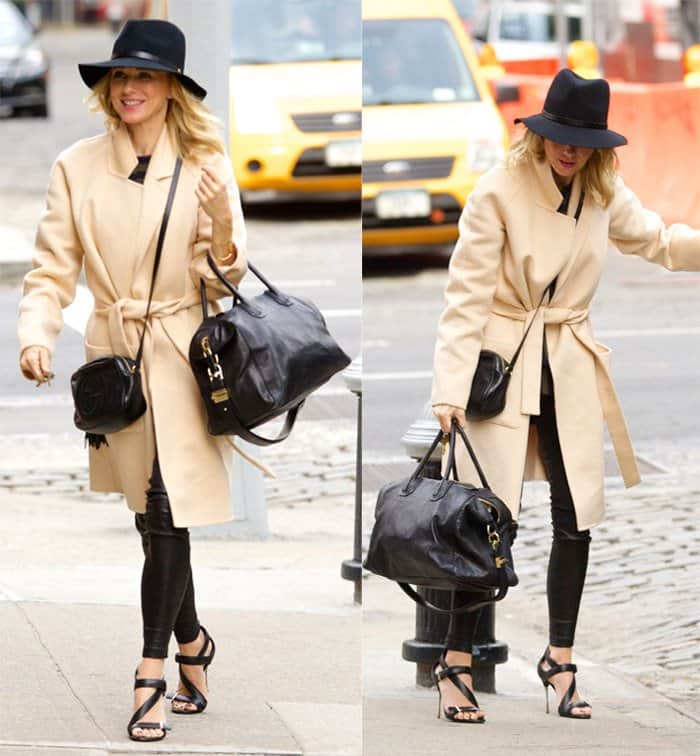 Naomi Watts in leather pants and beige coat in New York, October 20, 2014
