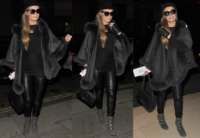 Paris Hilton paired sexy leather pants with a cat ears hat by Helene Berman