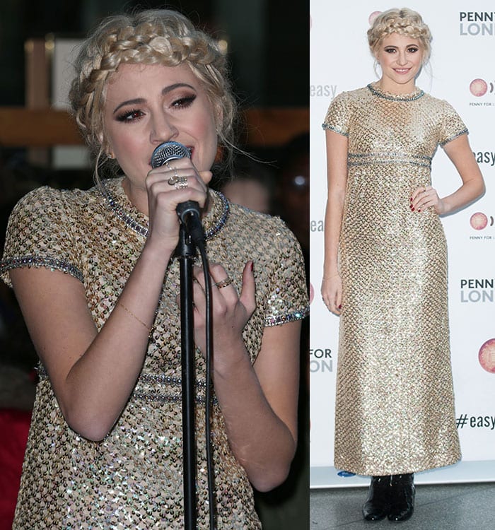 Pixie Lott wore her blonde locks styled in a messy updo with a halo braid