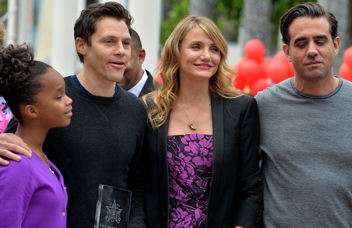 Quvenzhane Wallis, Will Gluck, Cameron Diaz, Bobby Cannavale, and Jamie Foxx at the Walk of Fame ceremony for Annie in Miami on December 9, 2014