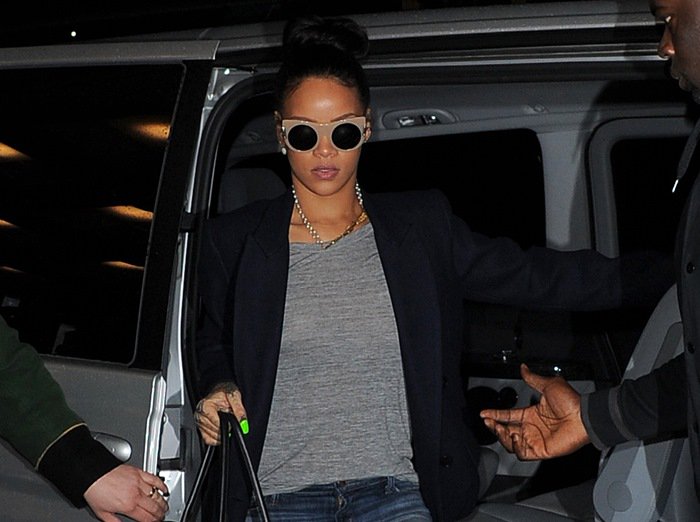 Rihanna arrives at Hakkasan in London, wearing a heavyweight wool-blend "Orson" coat by Reformation