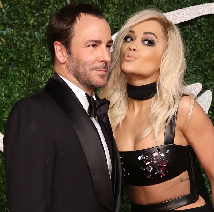 Rita Ora and Tom Ford on the red carpet at the 2014 British Fashion Awards held at London Coliseum in London, England, on December 1, 2014