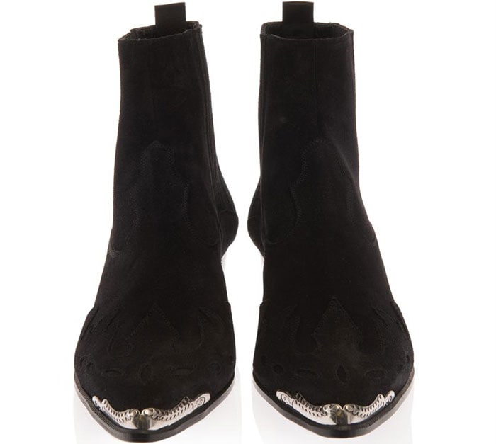 Front view of Saint Laurent Duckies black suede Western boots with pointed silver-tone toe caps