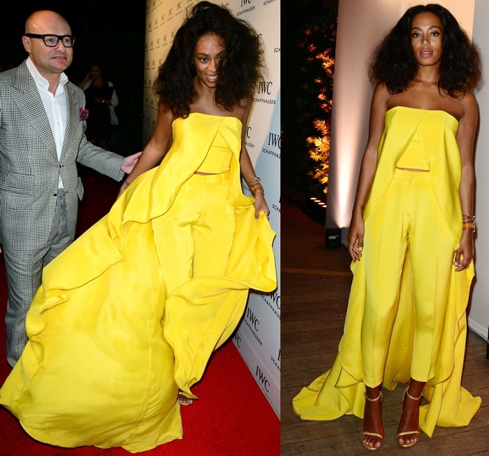 Solange Knowles radiates in a bold yellow Christian Siriano Spring 2014 ensemble, pairing cropped trousers with a flowing cape top for a dramatic red-carpet statement