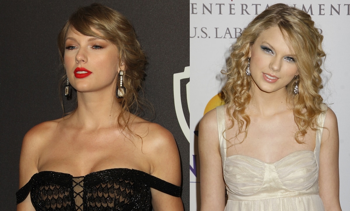 Then and Now: Taylor Swift exudes Old Hollywood glamour in a black lace gown at the 2019 InStyle and Warner Bros. Golden Globes After Party (L) and channels youthful country charm in a cream chiffon dress at Clive Davis’ annual pre-Grammy party in 2008 (R)