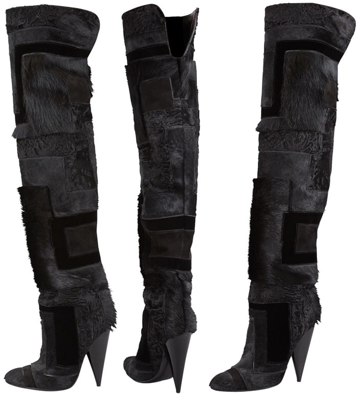 Tom Ford’s Geometric Patchwork Fur Over-the-Knee Boots, originally retailing for $3,450, featured luxe suede and pony hair panels