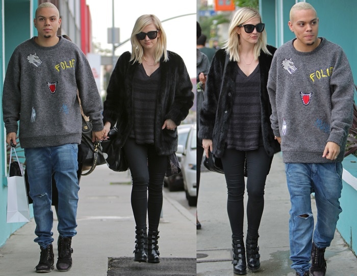 Ashlee Simpson rocks skinny jeans, a sweater, and a fur coat