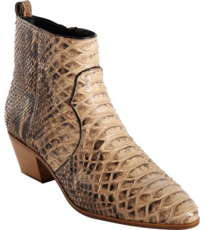 Saint Laurent Rock python ankle boot in beige and brown snake print with pointed toe and low heel