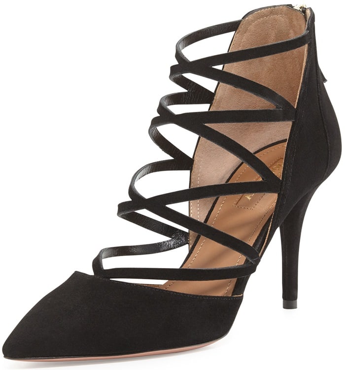 Aquazzura “Electric” Strappy Suede Pumps — a statement black heel with a pointed toe and striking crisscross straps, originally priced at $357