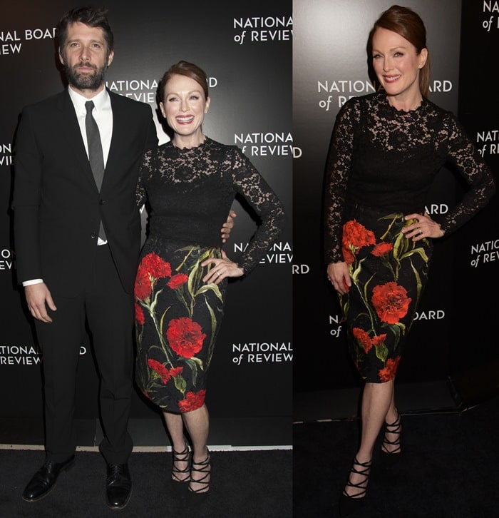 Joined by husband Bart Freundlich, Moore pairs her lace top with a striking carnation-print skirt and Aquazzura heels, blending romance with red carpet polish