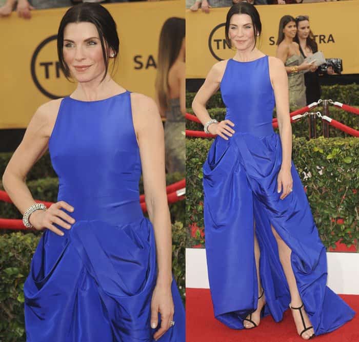 Julianna Margulies in a cobalt-blue Giambattista Valli Spring 2014 Couture gown, accessorized with black strappy sandals