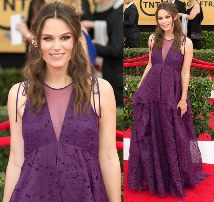 Keira Knightley smiled in a lacy purple Erdem dress, complemented by Tabitha Simmons shoes