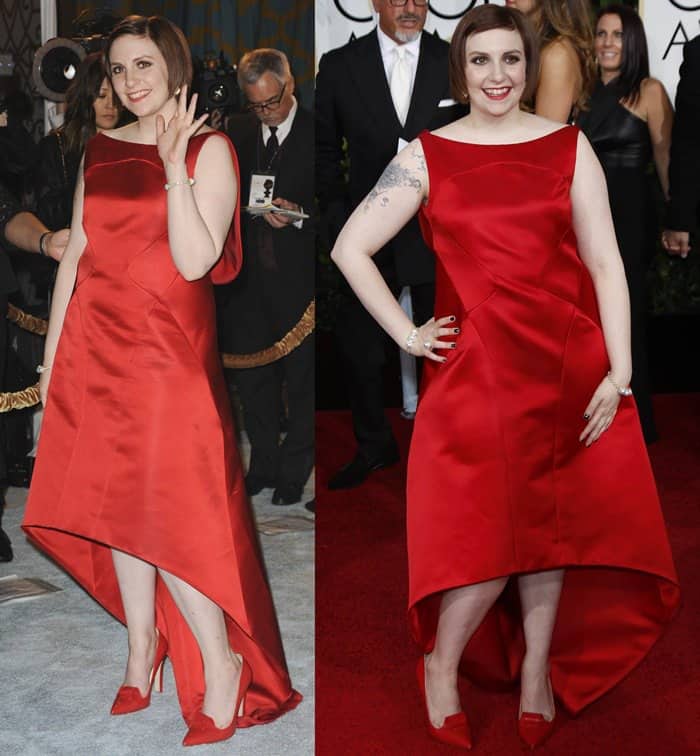 Lena Dunham wears a red satin high-low gown from the Zac Posen Spring 2015 collection, featuring a draped back, paired with matching pumps and Irene Neuwirth earrings, at the 72nd Annual Golden Globe Awards