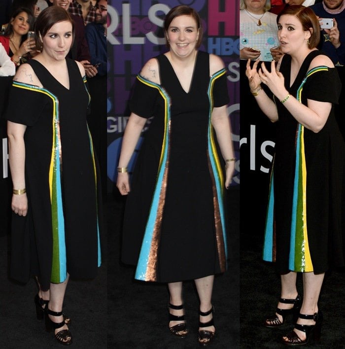 Lena Dunham pairs a sequined Creatures of the Wind dress with simple black strappy sandals, letting the colorful embroidered panels take center stage on the black carpet