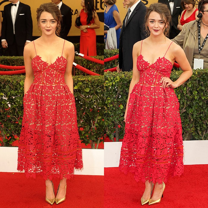 Maisie Williams loving the pockets on her Self-Portrait spaghetti-strap laser-cut dress