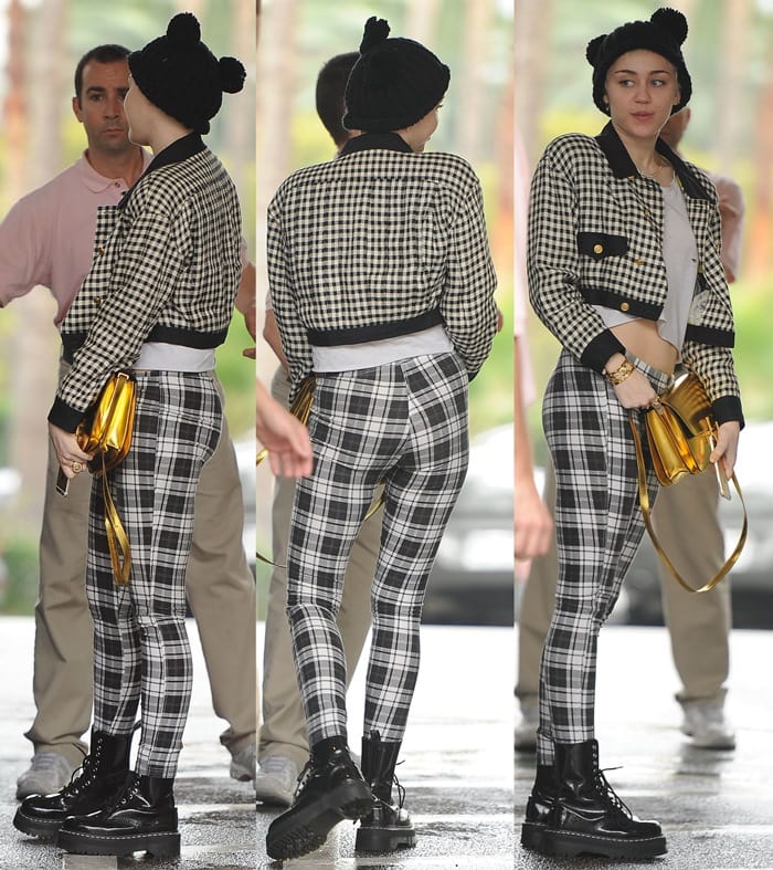 Miley Cyrus in block check denim leggings and boots from Agyness Deyn For Dr. Martens