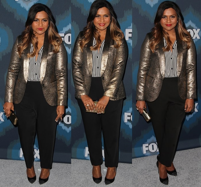 Mindy Kaling wearing Zero + Maria Cornejo ‘Tabi’ tapered pants with a gold metallic Smythe blazer