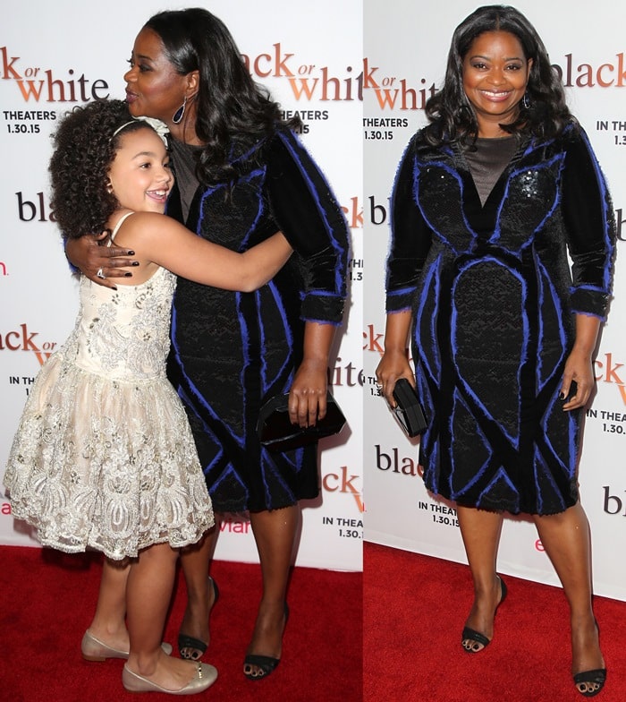 Octavia Spencer, joined by young co-star Jillian Estell, showcases her custom black velvet Tadashi Shoji dress accented with cobalt blue sequin detailing
