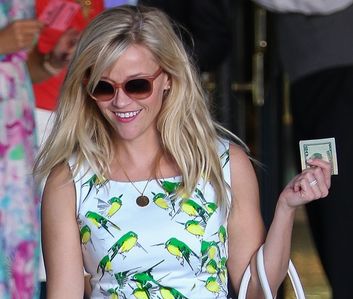 Reese Witherspoon's sparrow-print twill dress by Carolina Herrera