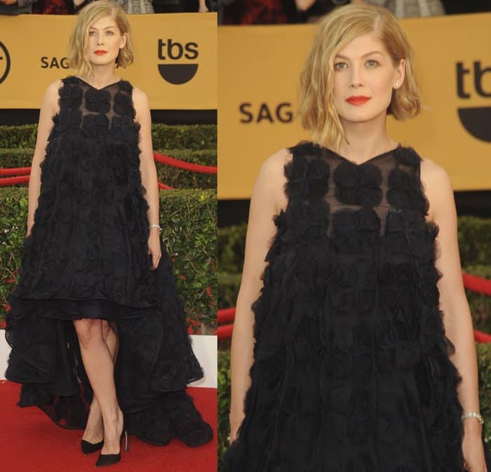 Rosamund Pike in a Christian Dior Spring 2014 Couture gown and matching black pumps on the red carpet at the 2015 Screen Actors Guild Awards