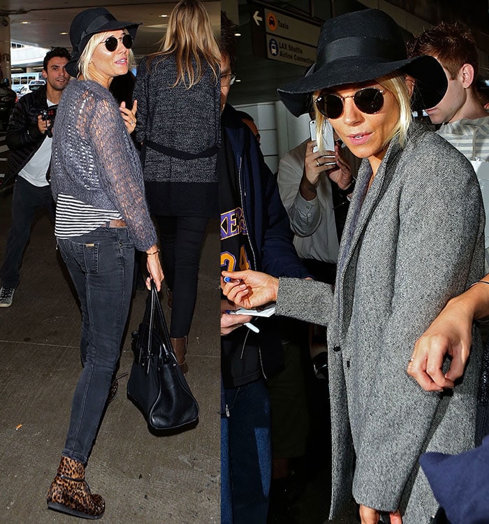 Sienna Miller carries Prada's Canapa and Saffiano leather tote and wears Ray-Ban round metal sunglasses