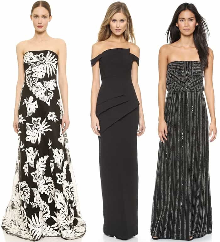 Explore these stunning strapless gowns: Notte by Marchesa Embroidered Dress, Black Halo Eve La Reina Gown, and Parker Lovey Dress