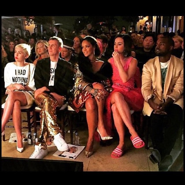 Miley Cyrus sharing an Instagram picture of her sitting next to Jeremy Scott, Rihanna, Katy Perry, and Kanye West in the front row of The Daily Front Row Fashion Los Angeles Awards Show-- posted on January 23, 2015