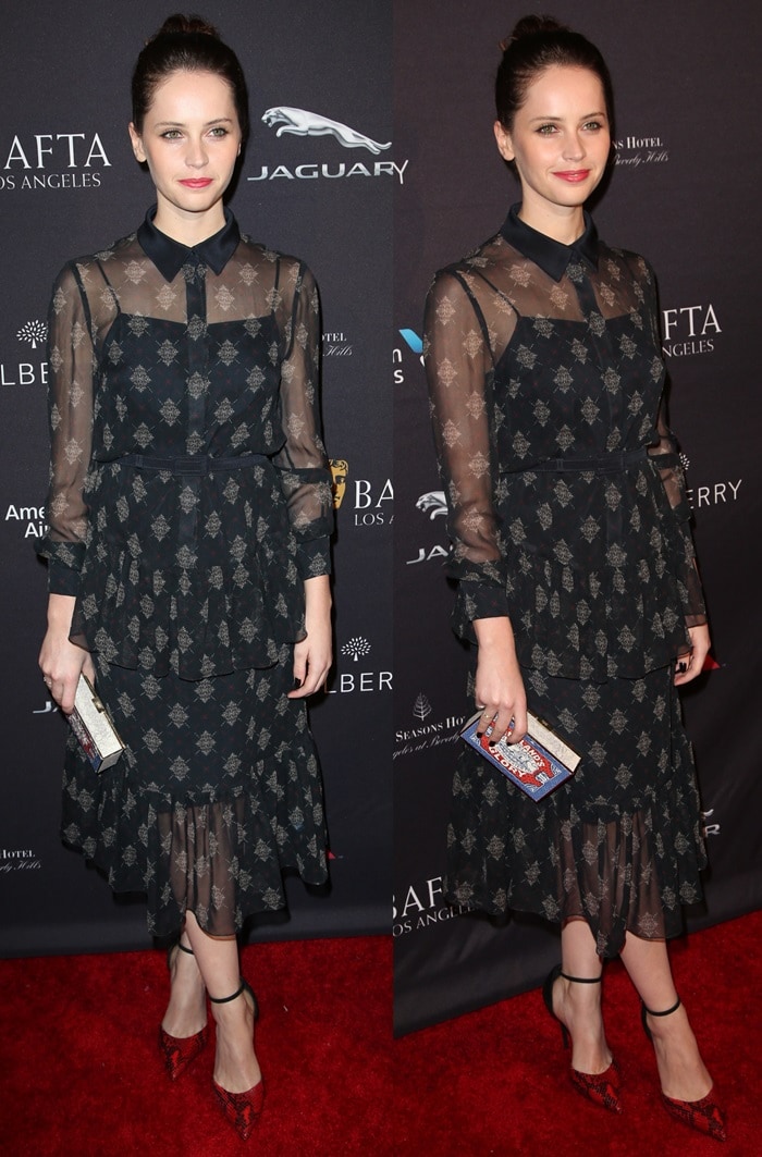 Felicity Jones exudes ethereal elegance at the BAFTA Los Angeles Tea Party in a sheer long-sleeve Erdem dress, featuring delicate floral prints, paired with bold red Giuseppe Zanotti heels and an Anya Hindmarch clutch, adding a touch of sophistication to her look