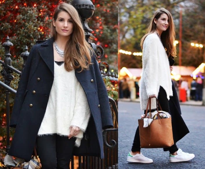 Lara added color to her neutral handbag with a plaid scarf