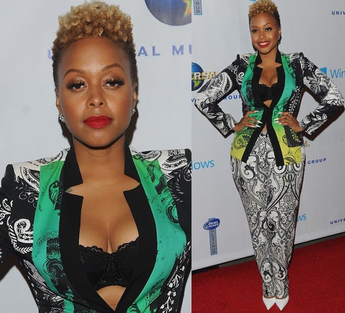 Chrisette Michele paired her bold black-and-white printed Etro pantsuit with sharp white pointed-toe pumps and a lace bustier at the 2014 Grammy Awards at the Staples Center in Los Angeles on January 26, 2014