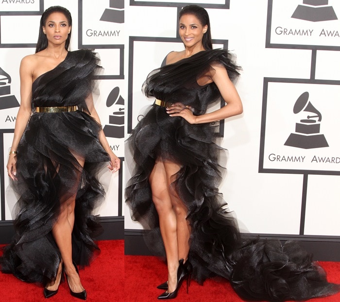 Ciara embraces drama with a high-slit Alexandre Vauthier black gown, elegantly paired with classic Christian Louboutin heels at the Grammys