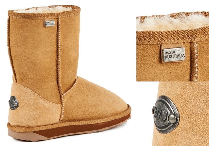 A round silver EMU logo is positioned at the back ankle, a signature branding detail found on authentic EMU Australia boots