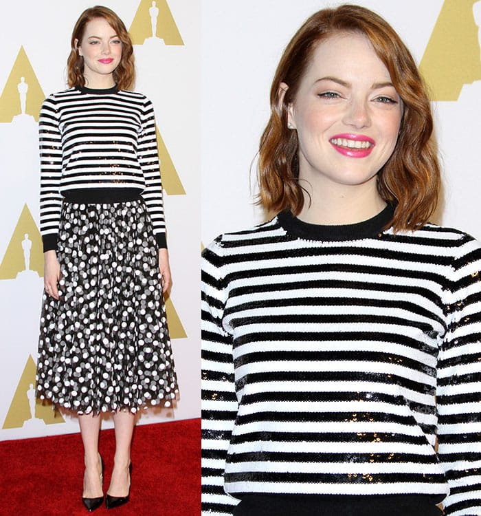 Emma Stone pairs her Michael Kors ensemble with classic Christian Louboutin pumps at the Beverly Hilton