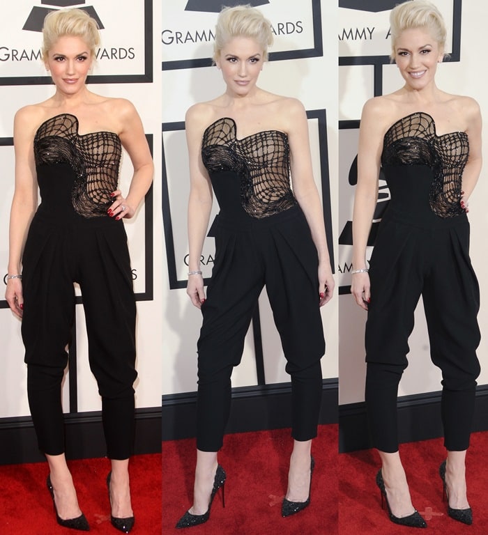 Gwen Stefani turns heads in a custom Atelier Versace jumpsuit and Christian Louboutin pumps, complete with bold Lorraine Schwartz jewelry at the 2015 Grammy Awards