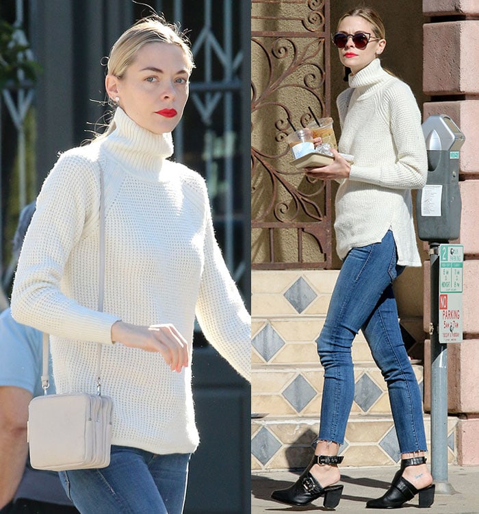Jaime King rocks a cream turtleneck knit sweater while leaving the Farmers Market in Beverly Hills on February 1, 2015