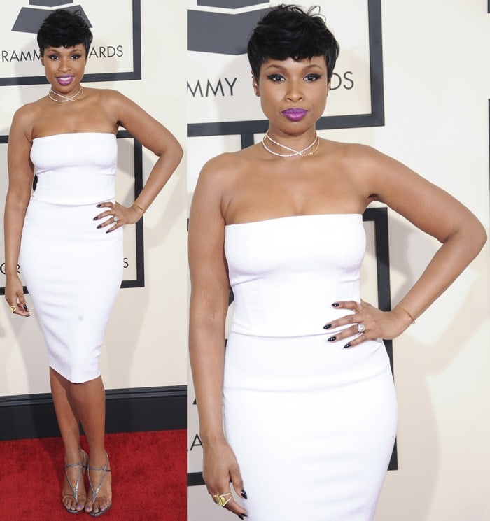 Jennifer Hudson shines in a white Tom Ford gown, paired with Casa Real, Jorge Adeler, Jack Vartanian, and Marli jewelry for the ultimate elegant look