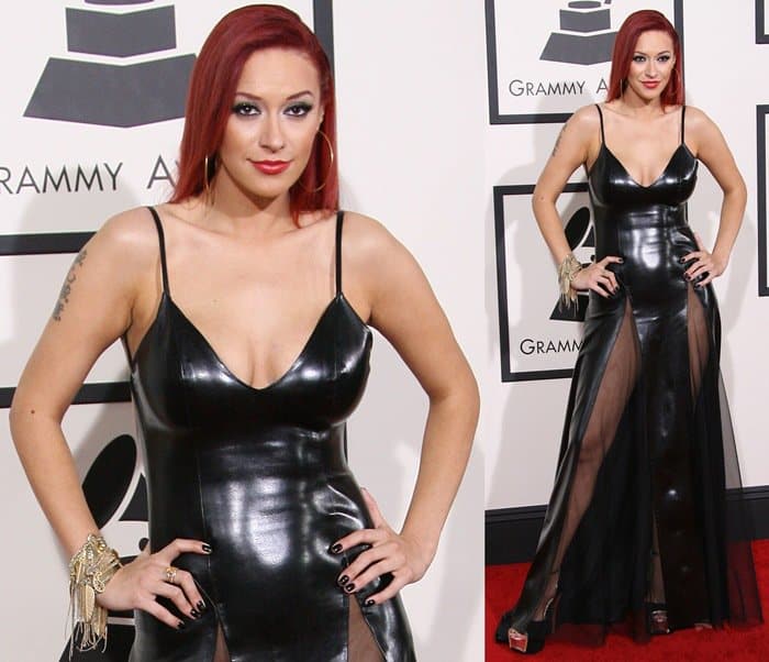 Kaya Jones wore a glossy black liquid-effect gown with dramatic sheer side panels and towering platform heels at the 2014 Grammy Awards at the Staples Center in Los Angeles on January 26, 2014