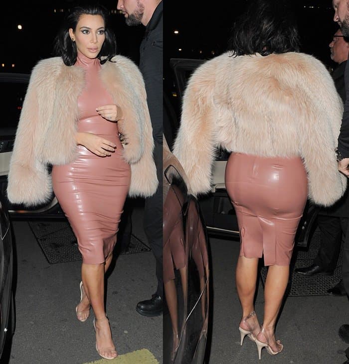 Kim Kardashian attended the Mert Marcus House of Love party for Madonna in London, England, wearing a skin-tight pink latex dress from Atsuko Kudo