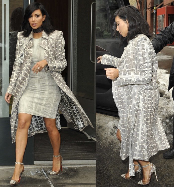 Kim Kardashian steps out in a Lanvin snakeskin sheath dress layered with a Burberry Prorsum Pre-Fall 2012 patterned coat and finished with Christian Louboutin Bis Un Bout PVC pumps