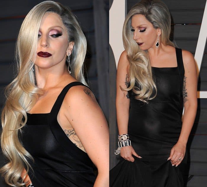 Lady Gaga styled her sheer Azzedine Alaïa dress with platinum blonde waves, dark cherry lipstick, and statement jewelry